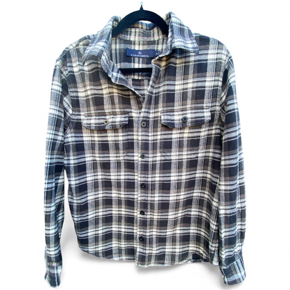 Rain Forrest Men’s Black/Tan Plaid Button Down Flannel Shirt Sz Med 100% cotton
